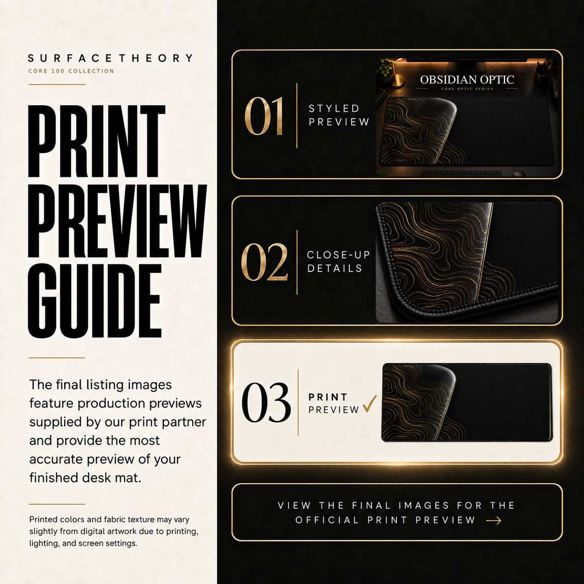 Obsidian Optic print preview guide showing the styled artwork, close-up and print reference.