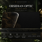 Obsidian Optic desk mat on a studio display with size and product information.