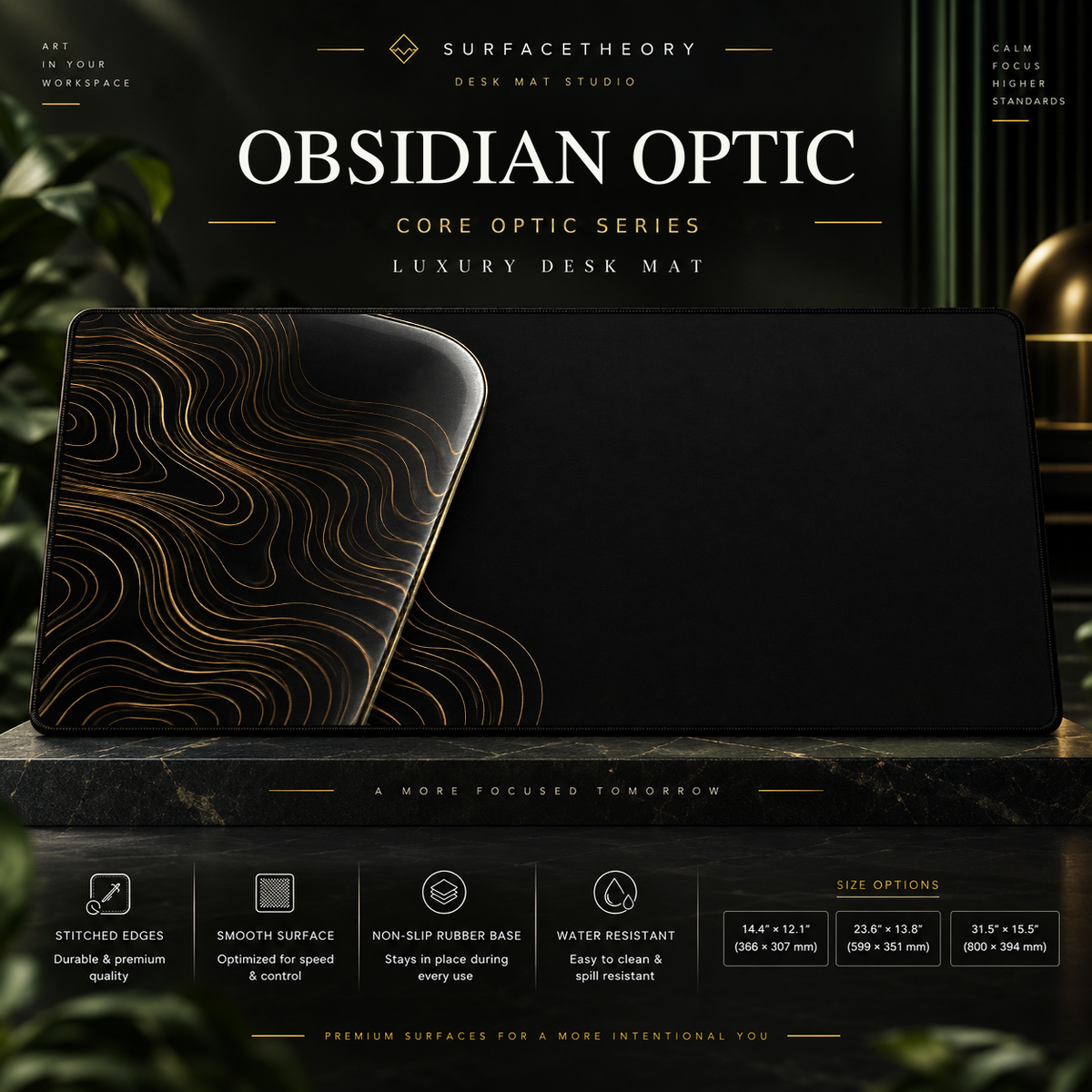 Obsidian Optic desk mat on a studio display with size and product information.