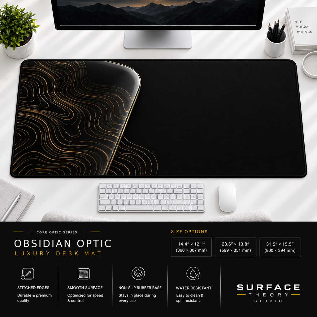 Obsidian Optic desk mat beneath a monitor on a bright desk with a white keyboard and mouse.