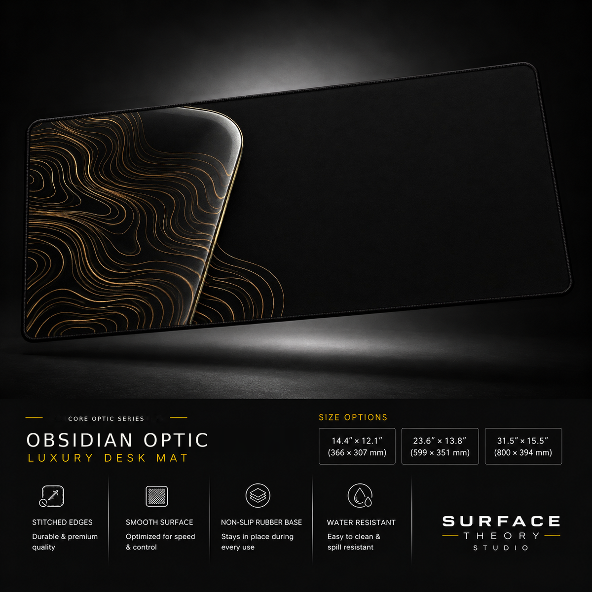 Obsidian Optic desk mat floating against a dark studio background.