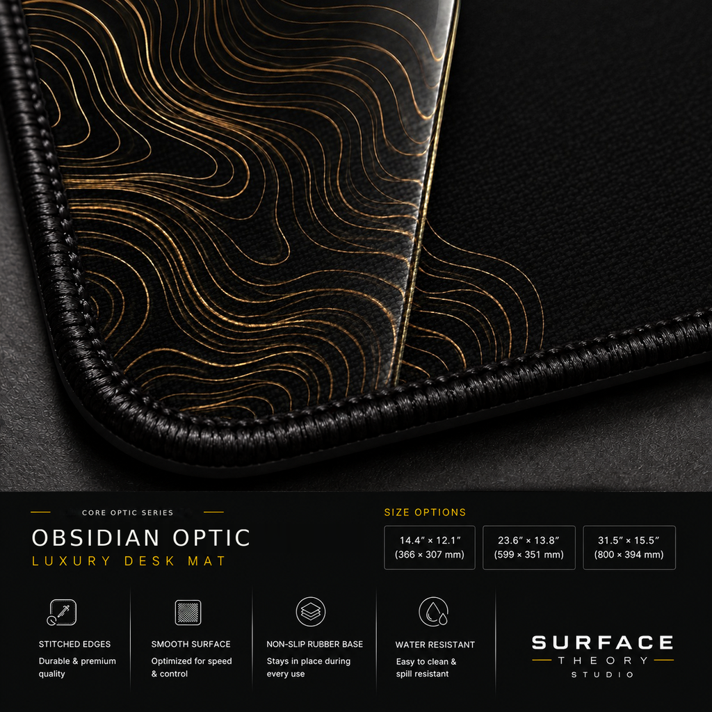 Close-up of Obsidian Optic printed artwork and black stitched corner.