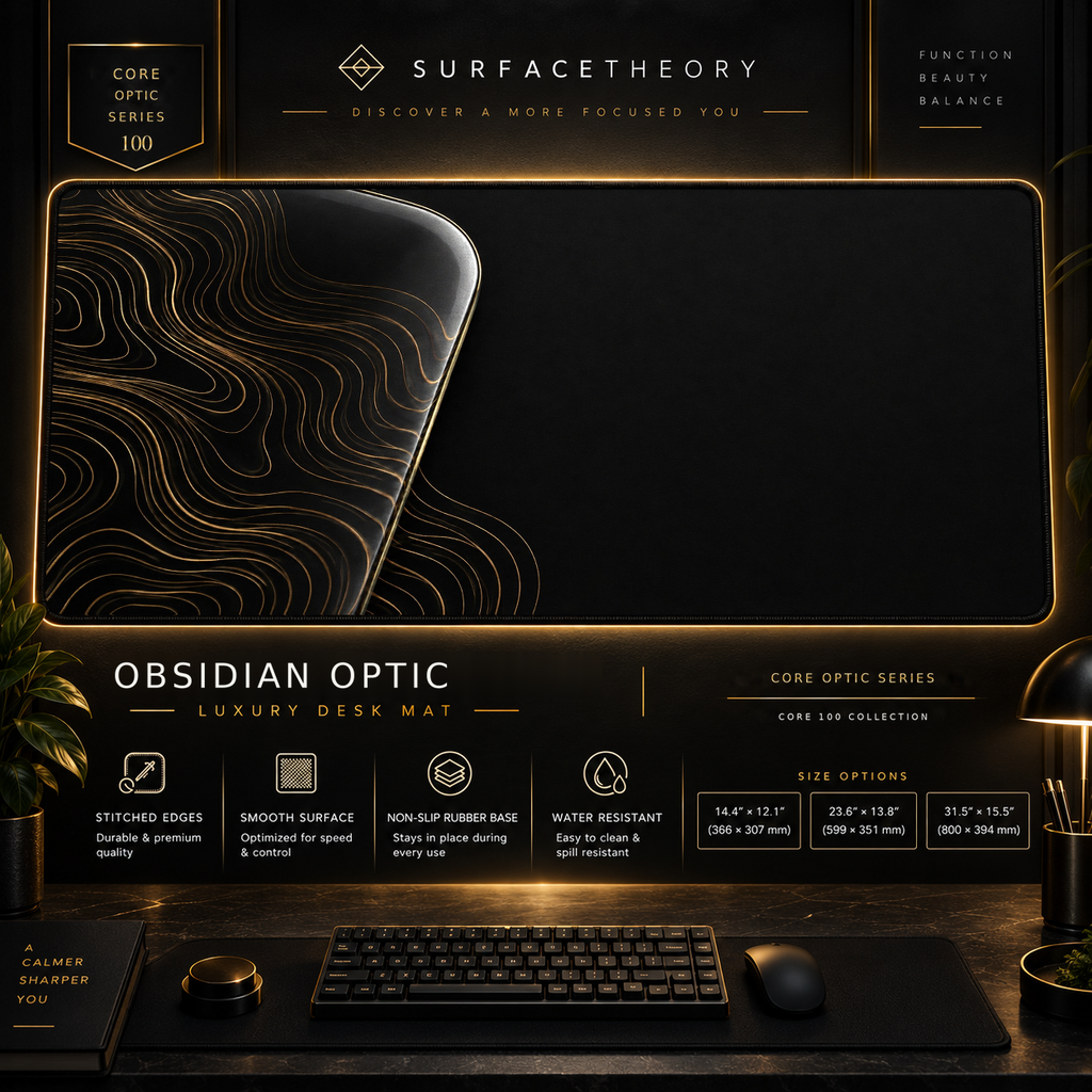 Obsidian Optic desk mat in a gold-toned showcase frame above a keyboard.