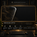 Obsidian Optic desk mat in a gold-toned showcase frame above a keyboard.