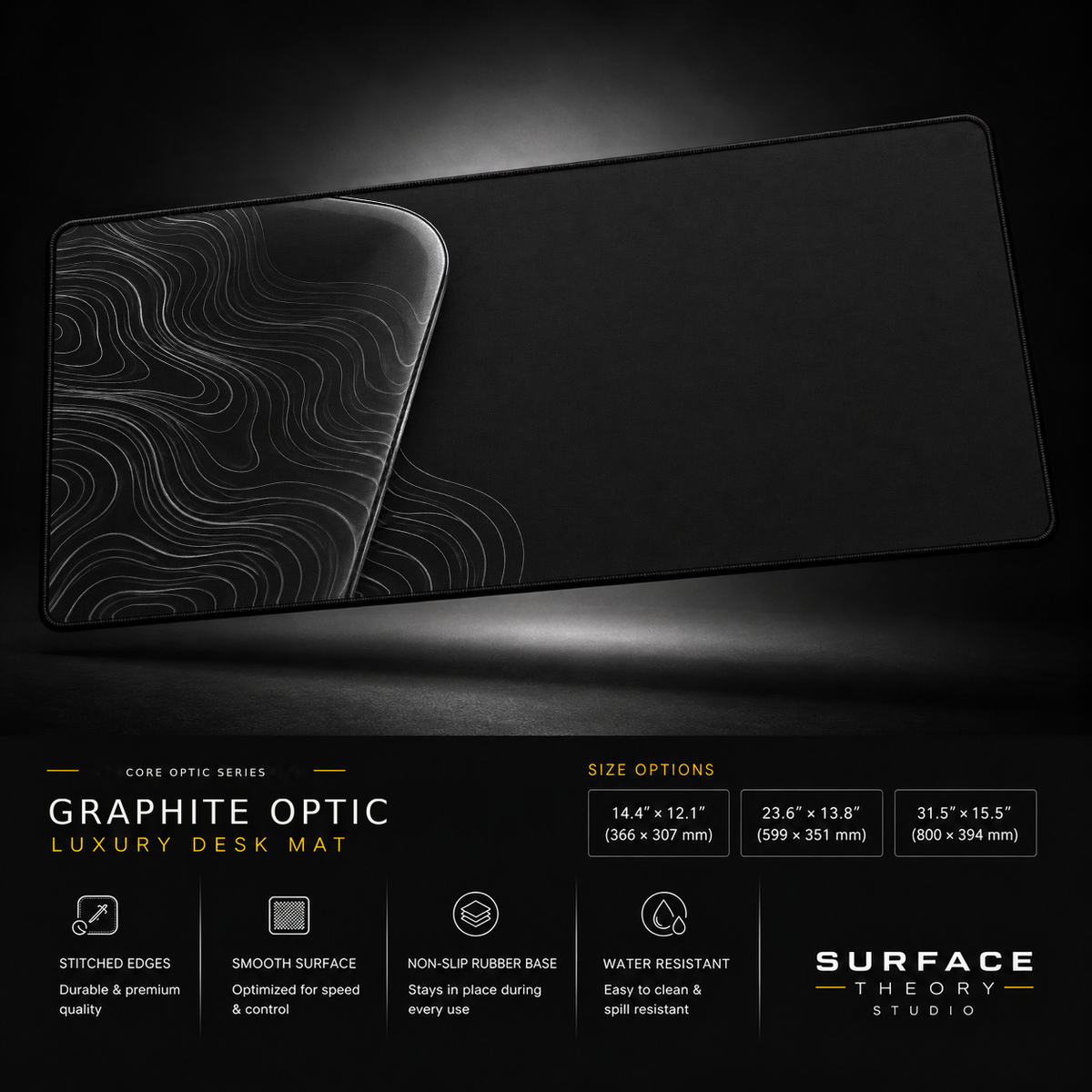 Graphite Optic desk mat floating against a dark studio background.