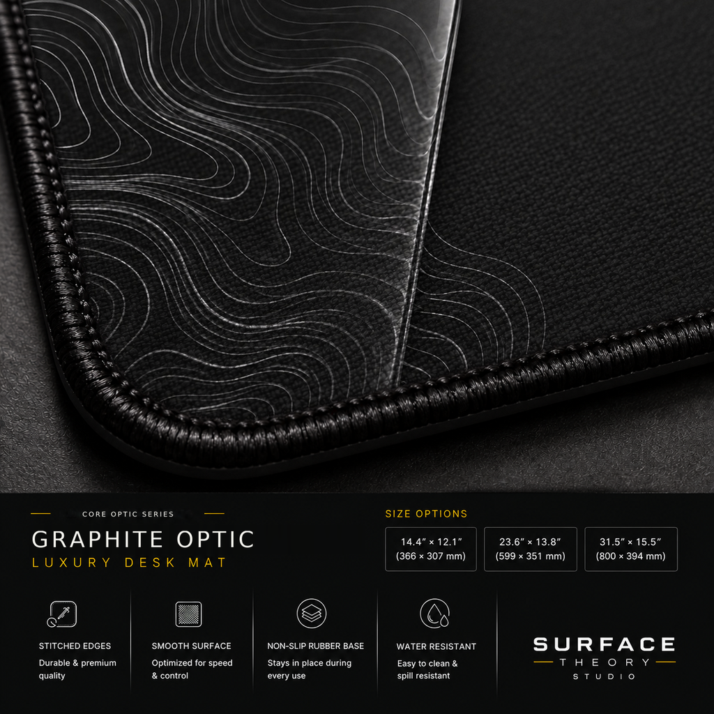 Close-up of Graphite Optic printed artwork and black stitched corner.