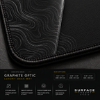 Close-up of Graphite Optic printed artwork and black stitched corner.