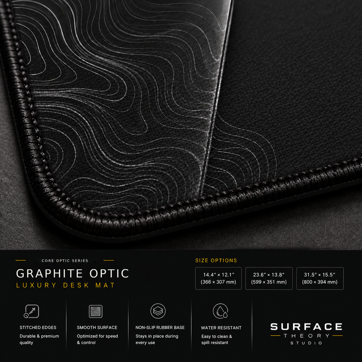 Close-up of Graphite Optic printed artwork and black stitched corner.
