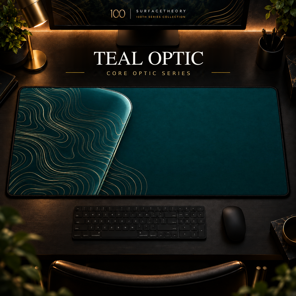 Teal Optic desk mat, deep teal with champagne-toned contours in a rounded form on the left, in a warm, dark workspace.