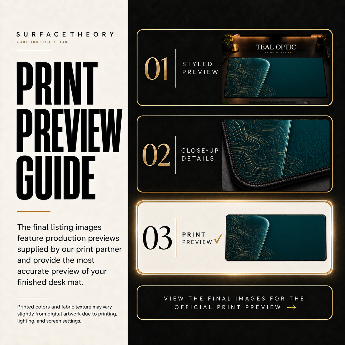 Teal Optic print preview guide showing the styled artwork, close-up and print reference.