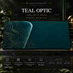 Teal Optic desk mat on a studio display with size and product information.