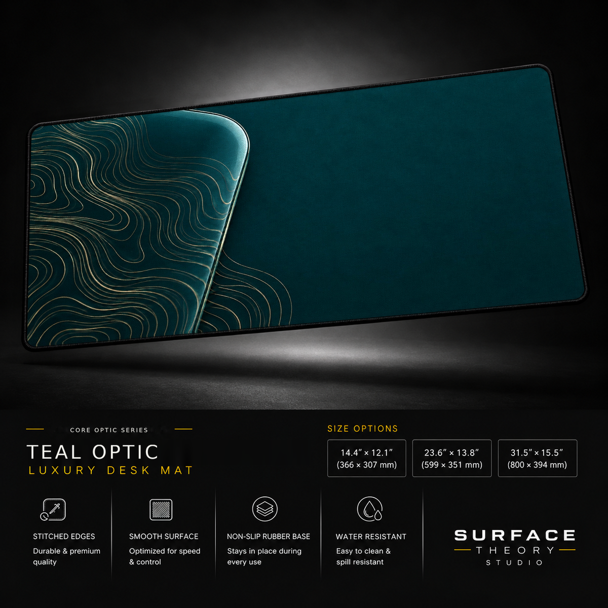 Teal Optic desk mat floating against a dark studio background.