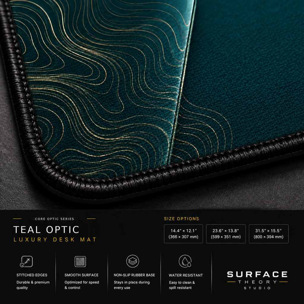 Close-up of Teal Optic printed artwork and black stitched corner.
