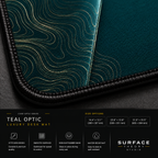 Close-up of Teal Optic printed artwork and black stitched corner.
