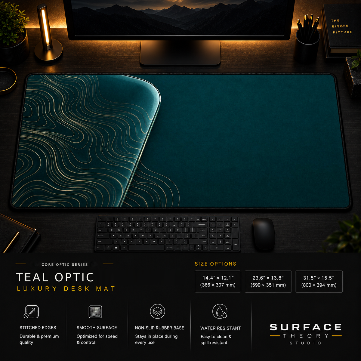Teal Optic desk mat in a dark workstation with warm monitor lighting.