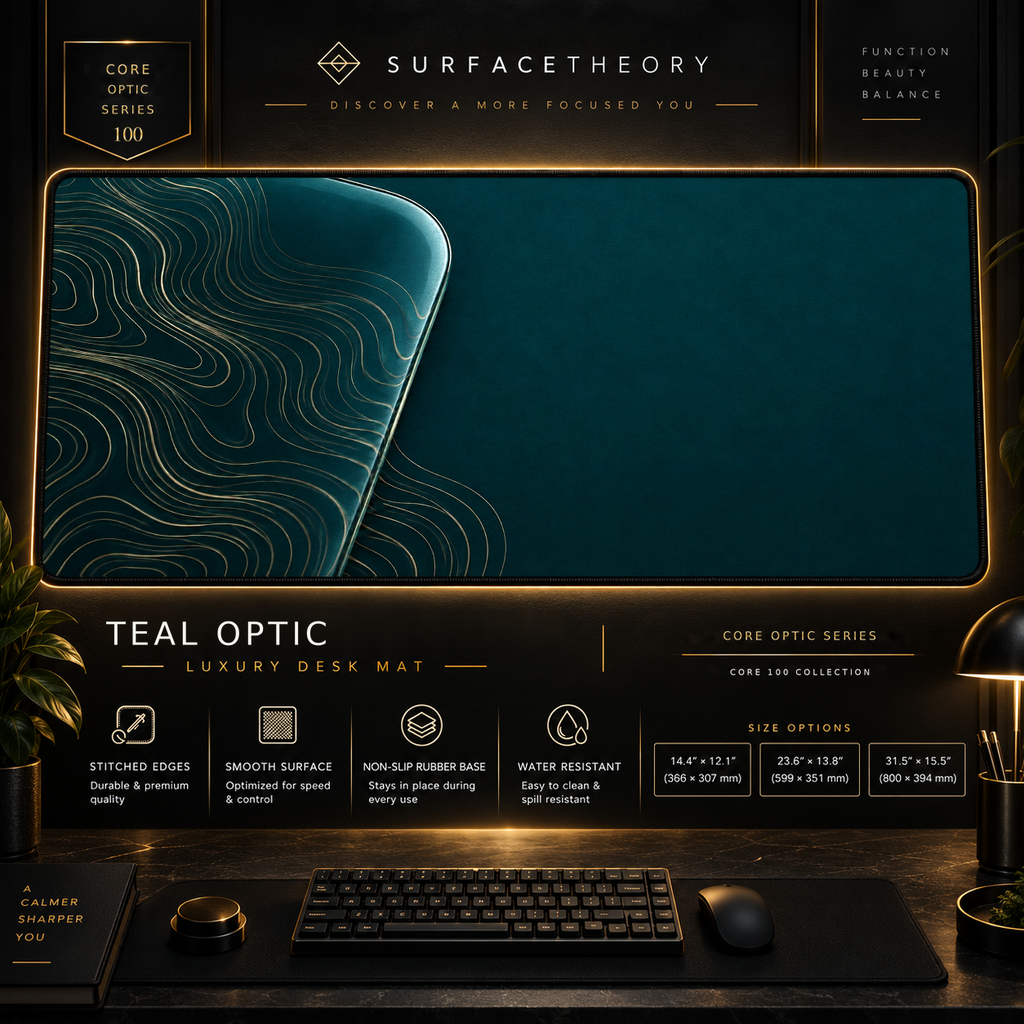 Teal Optic desk mat in a gold-toned showcase frame above a keyboard.