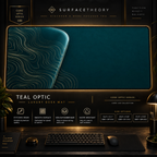 Teal Optic desk mat in a gold-toned showcase frame above a keyboard.