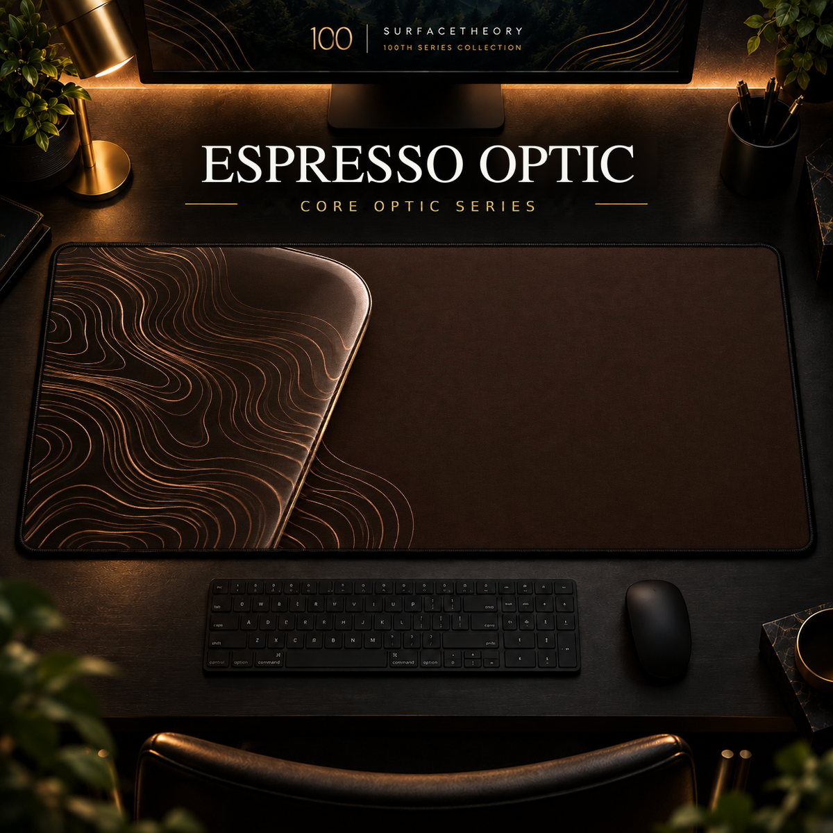 Espresso Optic desk mat, espresso brown with copper-toned contours in a rounded form on the left, in a warm, dark workspace.