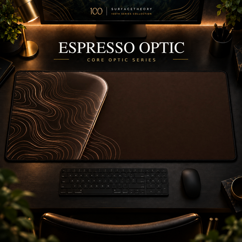 Espresso Optic desk mat, espresso brown with copper-toned contours in a rounded form on the left, in a warm, dark workspace.