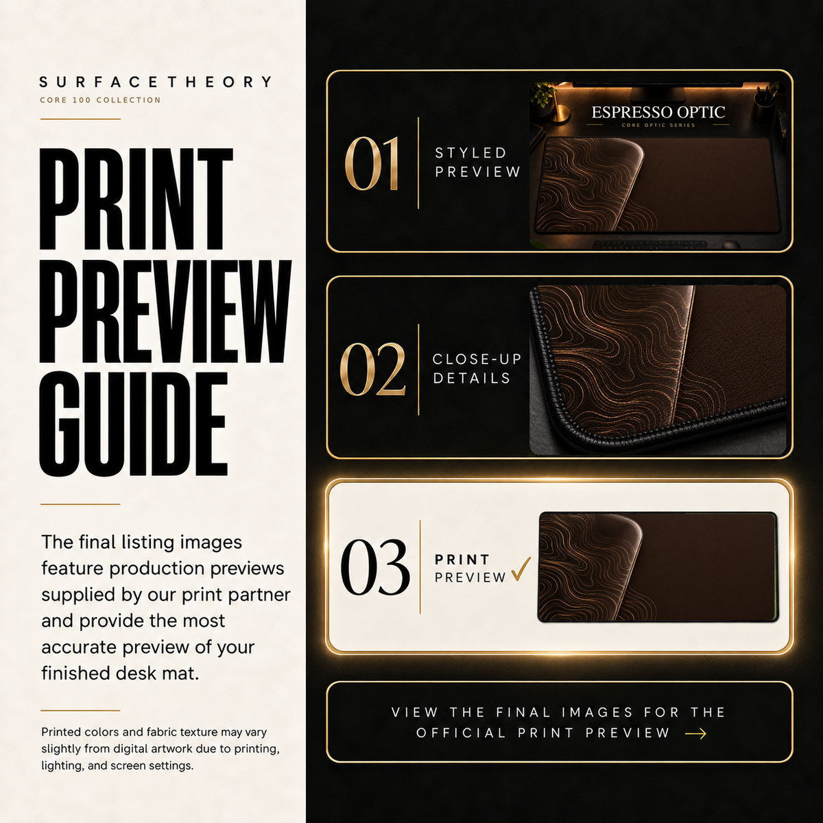 Espresso Optic print preview guide showing the styled artwork, close-up and print reference.