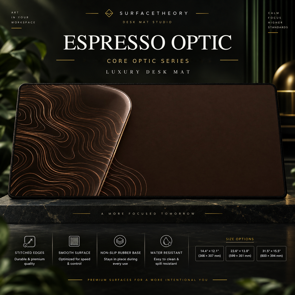 Espresso Optic desk mat on a studio display with size and product information.