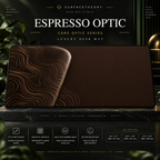 Espresso Optic desk mat on a studio display with size and product information.