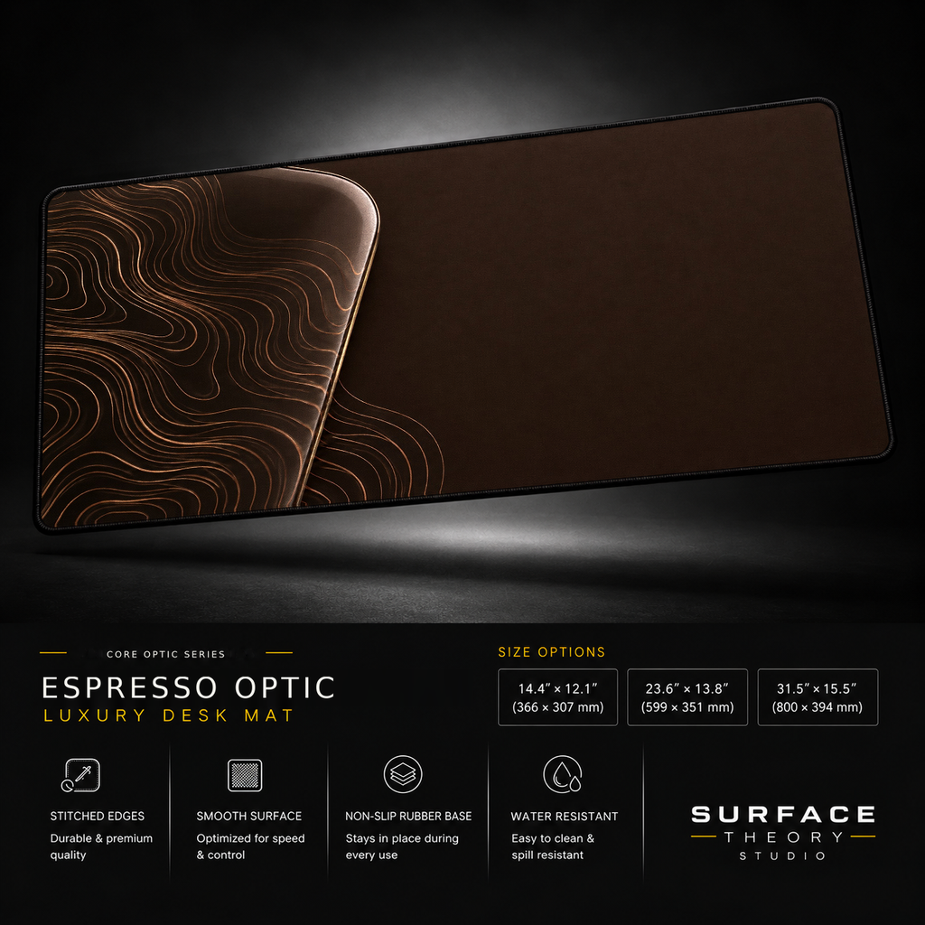 Espresso Optic desk mat floating against a dark studio background.