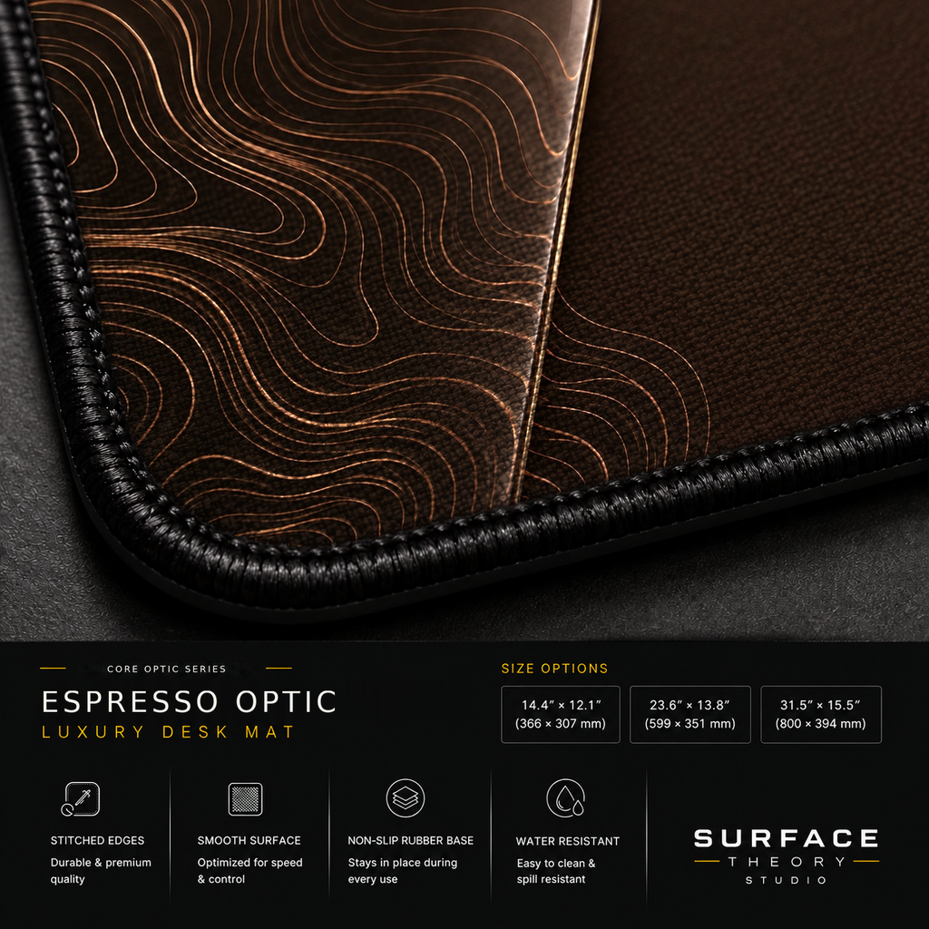 Close-up of Espresso Optic printed artwork and black stitched corner.
