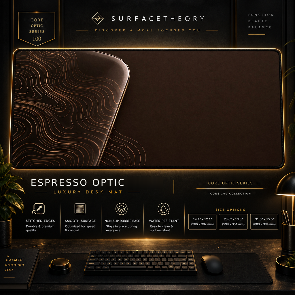 Espresso Optic desk mat in a gold-toned showcase frame above a keyboard.