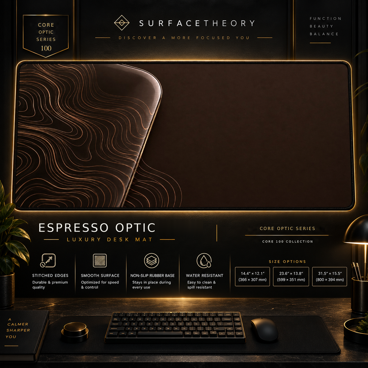 Espresso Optic desk mat in a gold-toned showcase frame above a keyboard.