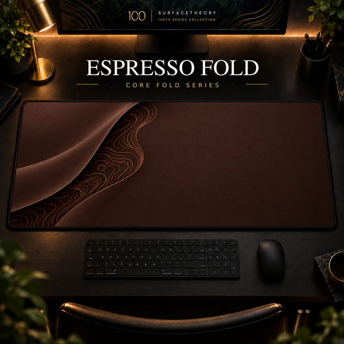 Espresso Fold desk mat with a sweeping curve and fine contours along the left in a warm, dark workspace.