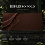 Espresso Fold desk mat on a studio display with size and product information.