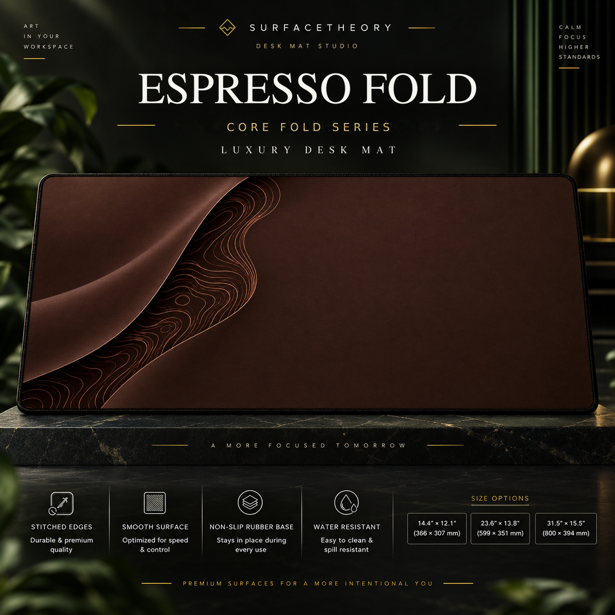 Espresso Fold desk mat on a studio display with size and product information.