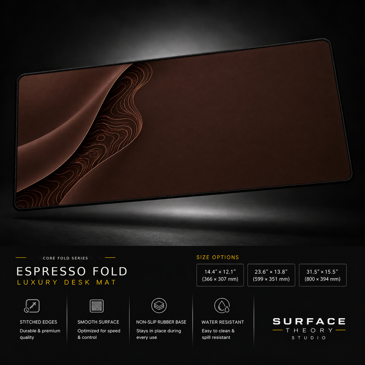 Espresso Fold desk mat floating against a dark studio background.