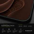 Close-up of Espresso Fold printed artwork and black stitched corner.