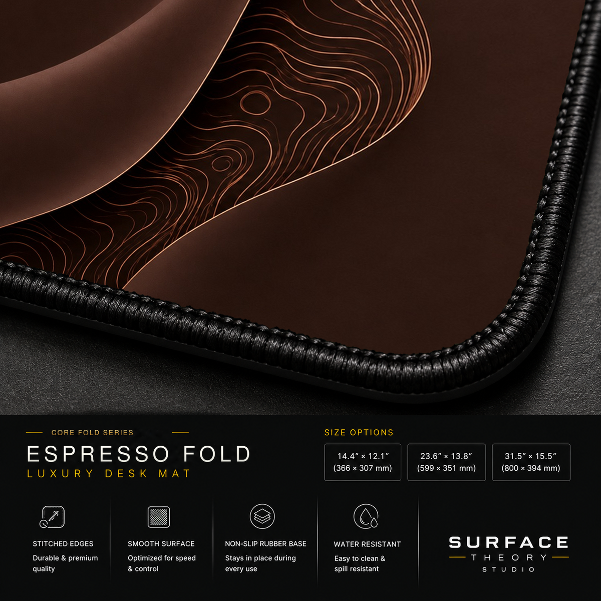 Close-up of Espresso Fold printed artwork and black stitched corner.