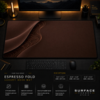 Espresso Fold desk mat in a dark workstation with warm monitor lighting.