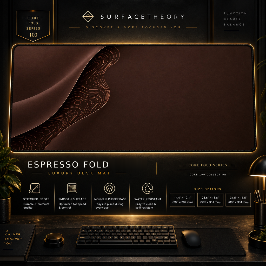 Espresso Fold desk mat in a gold-toned showcase frame above a keyboard.