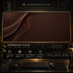 Espresso Fold desk mat in a gold-toned showcase frame above a keyboard.