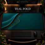 Teal Fold desk mat with a sweeping curve and fine contours along the left in a warm, dark workspace.