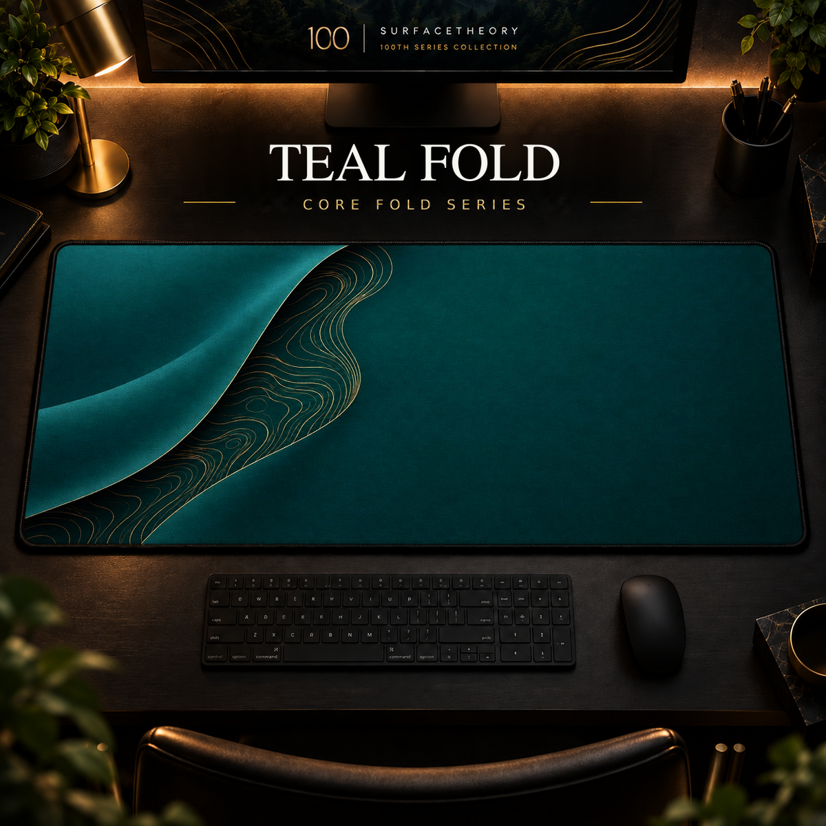 Teal Fold desk mat with a sweeping curve and fine contours along the left in a warm, dark workspace.