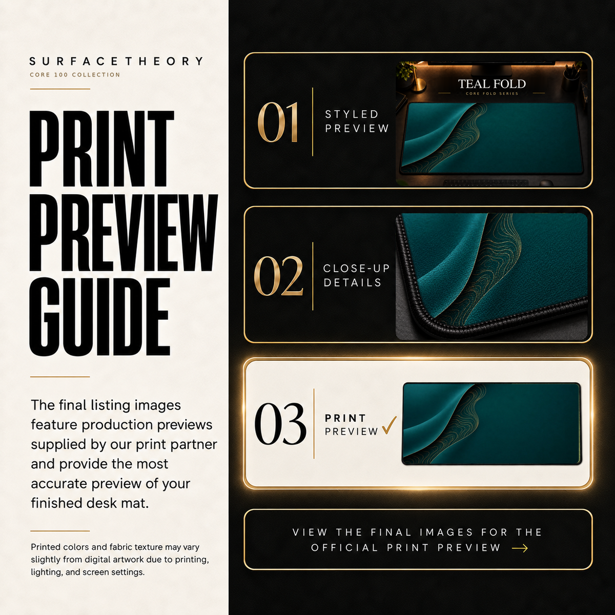 Teal Fold print preview guide comparing styled presentation, close-up and print reference.