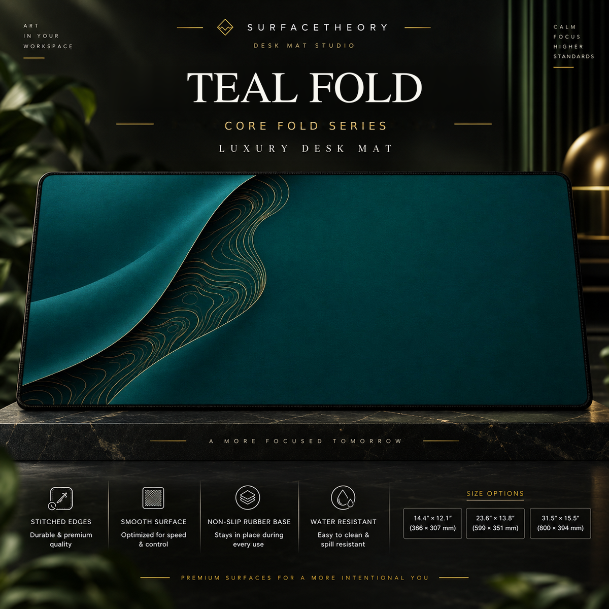 Teal Fold desk mat on a studio display with size and product information.