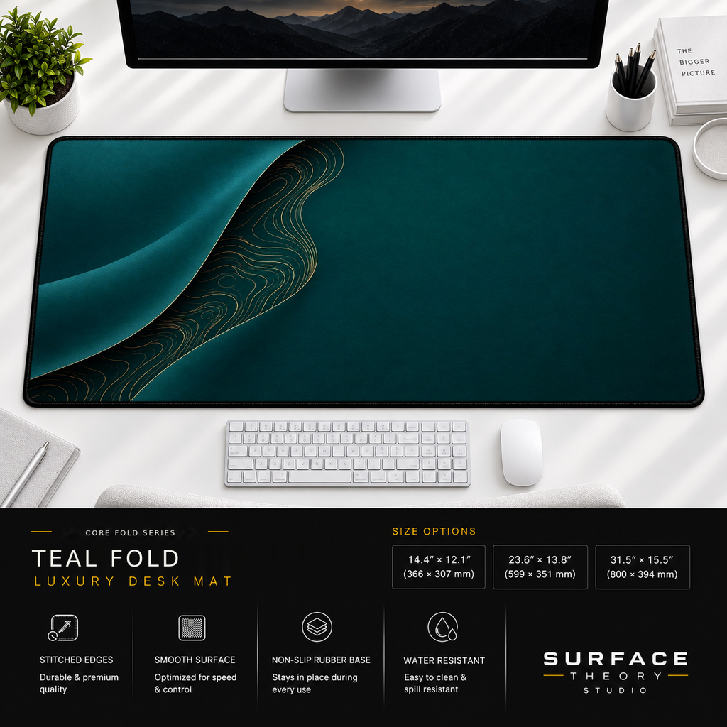 Teal Fold desk mat beneath a monitor on a bright desk with a white keyboard and mouse.