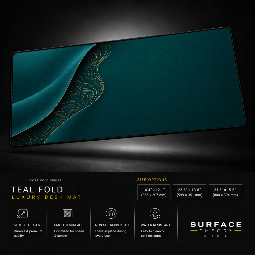 Teal Fold desk mat floating against a dark studio background.