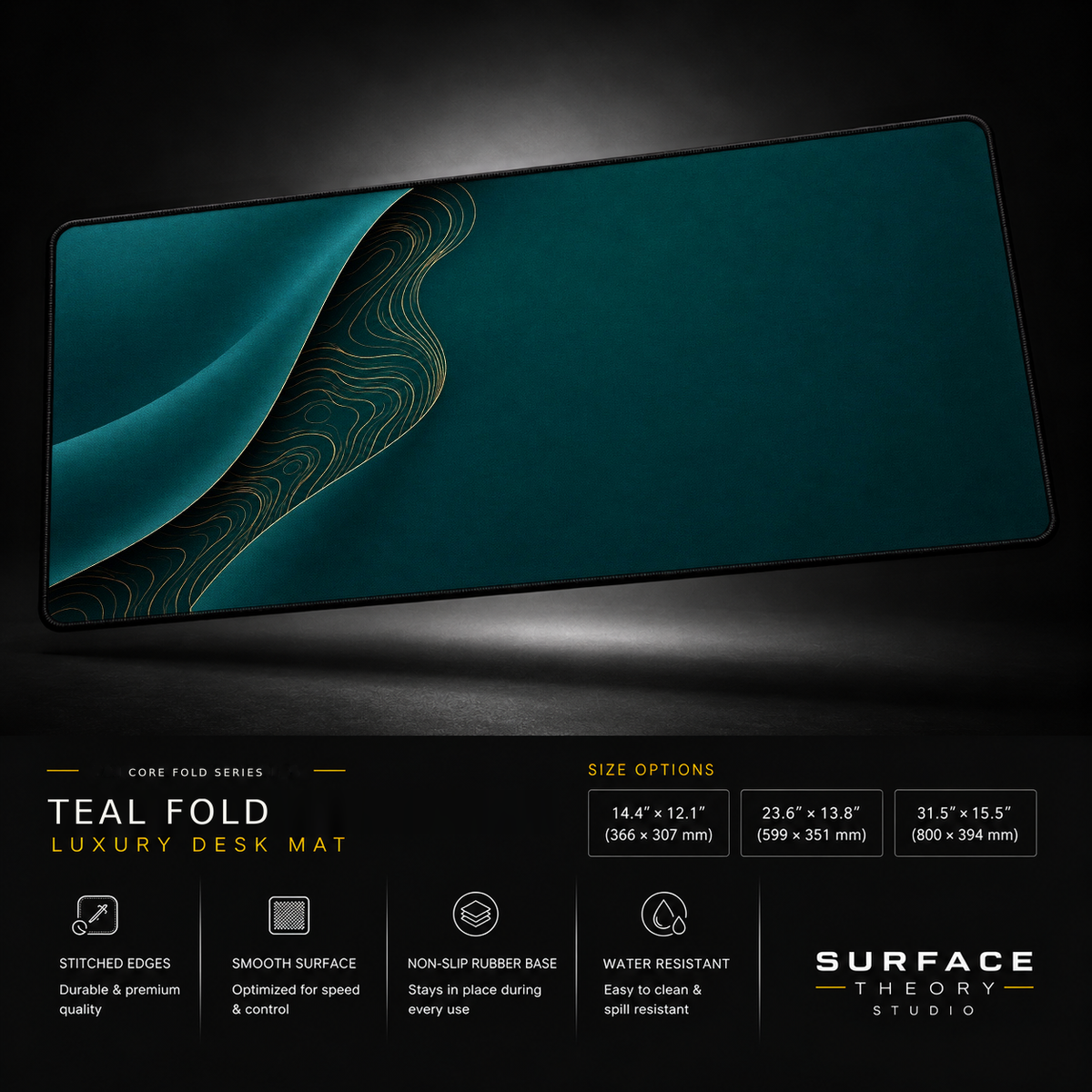 Teal Fold desk mat floating against a dark studio background.