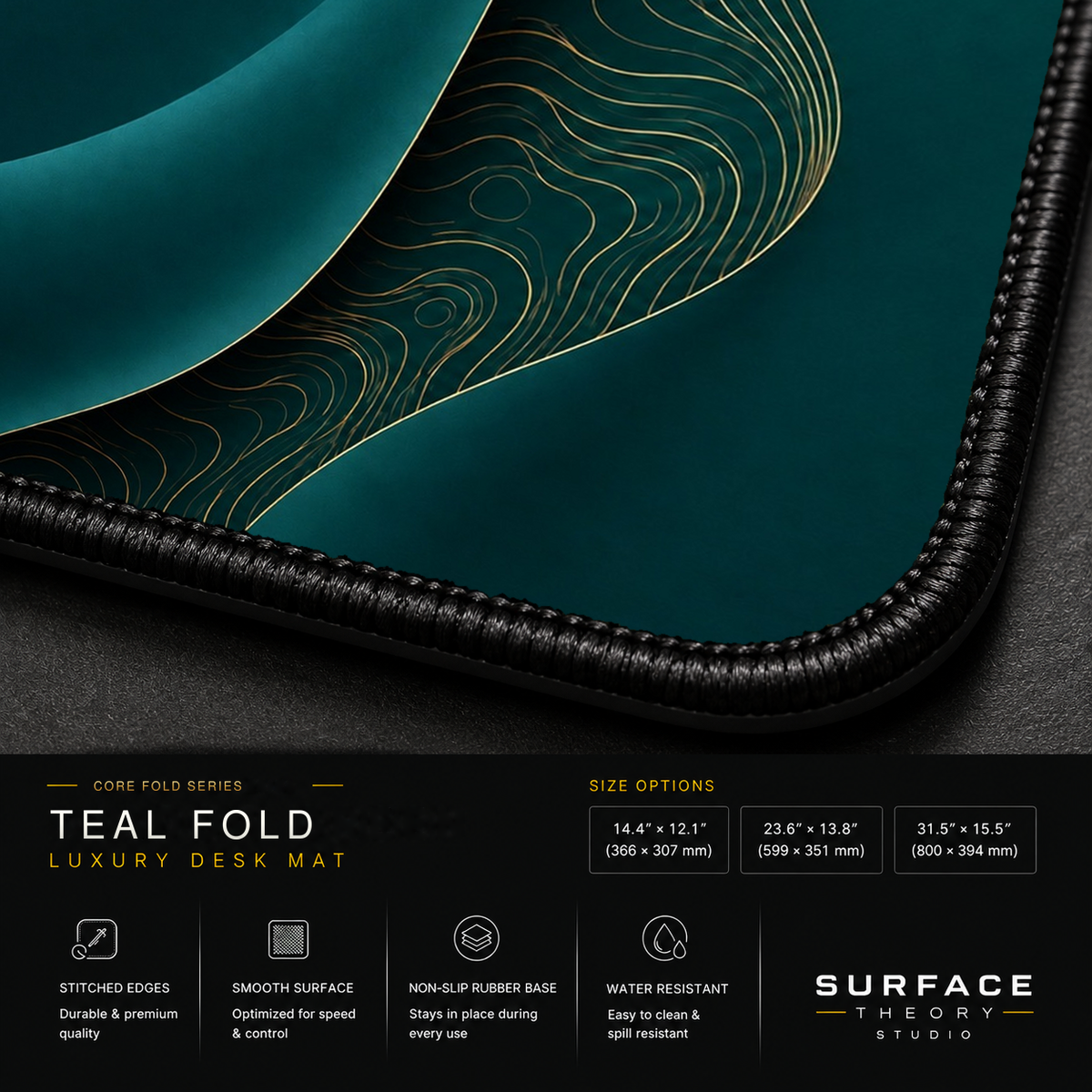 Close-up of Teal Fold printed artwork and black stitched corner.