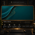 Teal Fold desk mat in a gold-toned showcase frame above a keyboard.