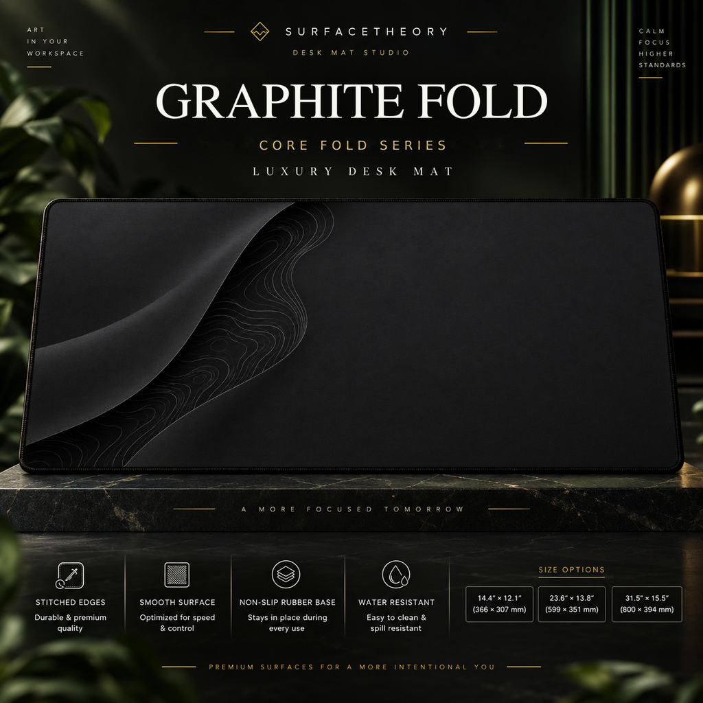 Graphite Fold desk mat on a studio display with size and product information.