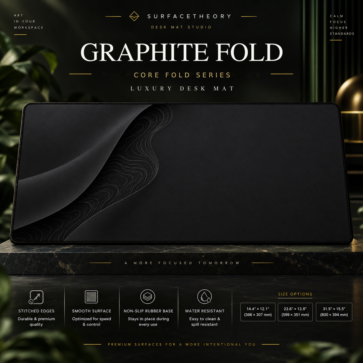 Graphite Fold desk mat on a studio display with size and product information.